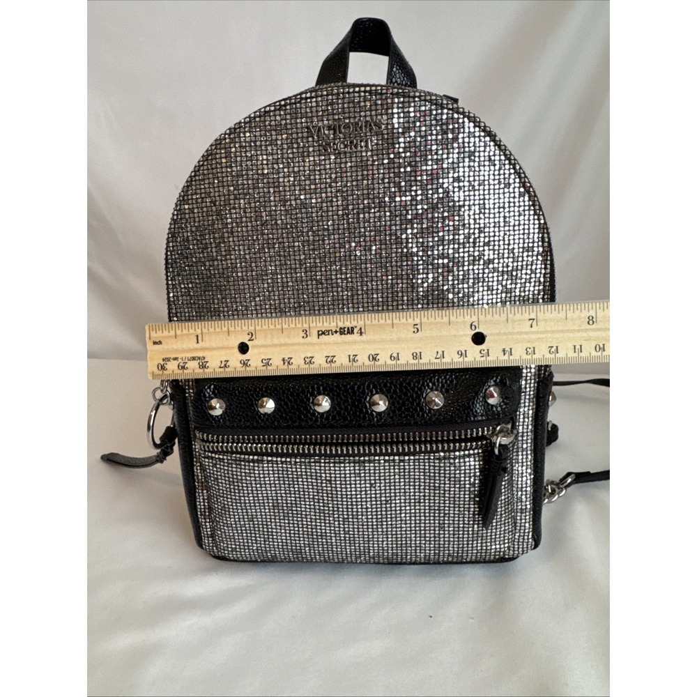 Victorias Secret Silver Sparkle Small City Backpack Purse Bag Studded W/Pockets - Picture 8 of 12